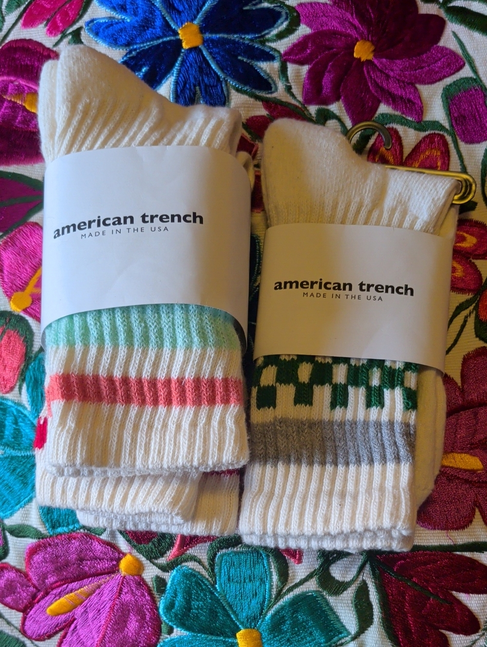 American Trench Women’s White Crew Socks with Green & Coral Accents